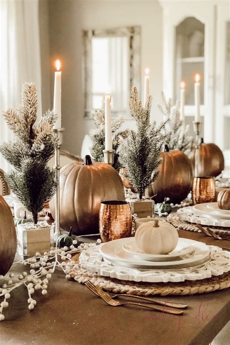 Rustic Thanksgiving Table with Pumpkins and Evergreens - Marly Dice