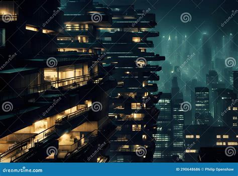 Cityscape View Of A Futuristic Cyberpunk City At Night Crowded With