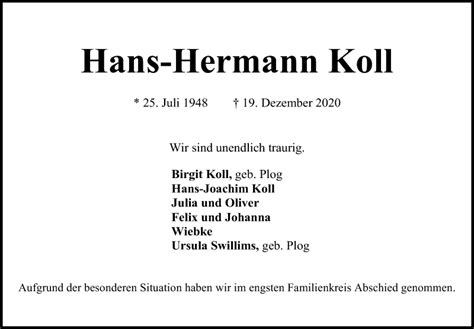 Traueranzeigen Von Hans Hermann Koll Trauer Anzeigen De