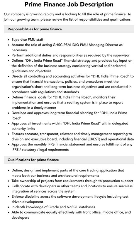 Prime Finance Job Description Velvet Jobs