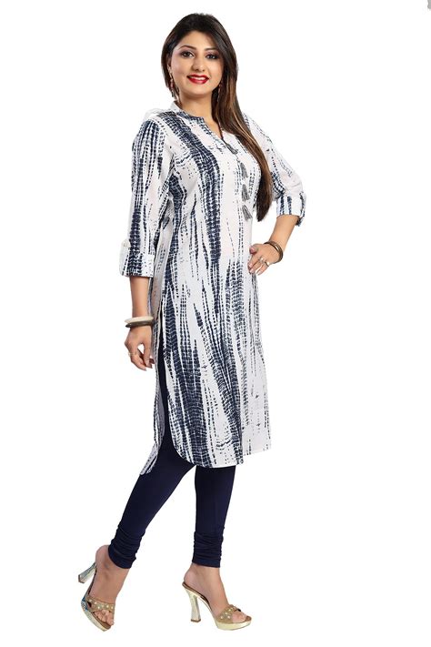 Attractive White And Blue Fine Cotton Kurti Tunic With Tie And Dye Size