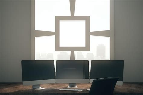 Premium Photo Table With Three Screen Computer