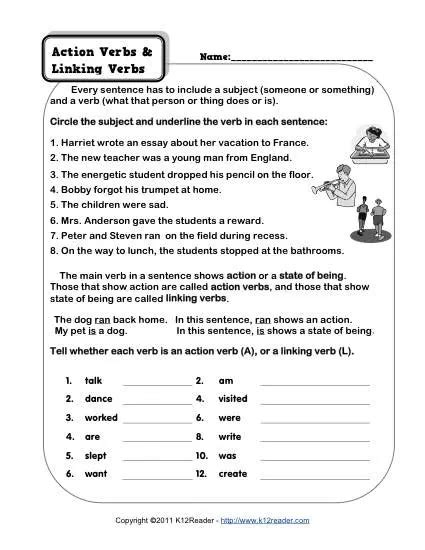 Action Verb And Linking Verb Worksheets