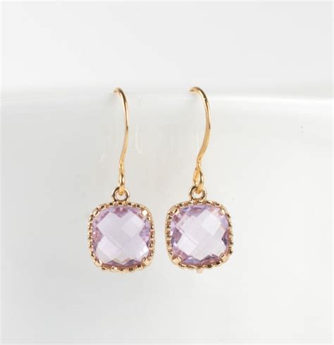 June Birthstone Earrings Light Amethyst Gold Dangle Square