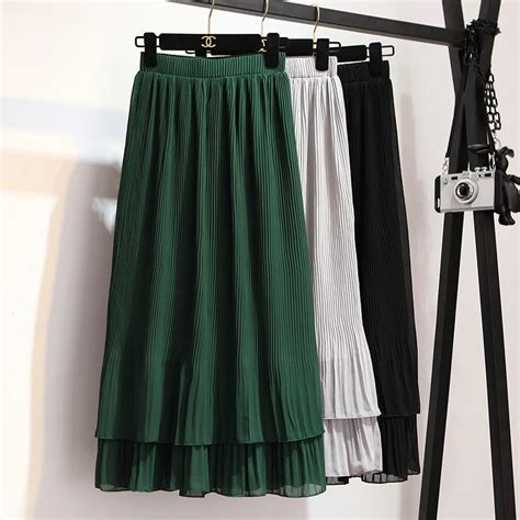 2019 Women Sweet Ruffle Chiffon Skirt High Waist Pleated Midi Skirts