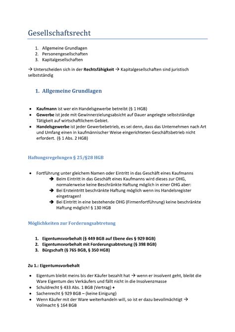 Zusammenfassung Handelsrecht Gesellschaftsrecht Allgemeine Grundlagen