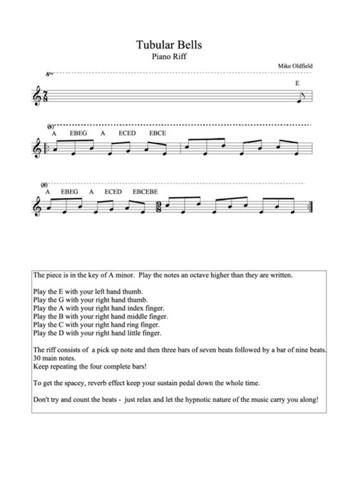 Tubular Bells Piano Music Piano Riff Mike Oldfield Printable Pdf