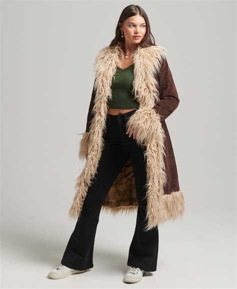 Womens Faux Fur Lined Longline Afghan Coat In Brown Superdry Ie