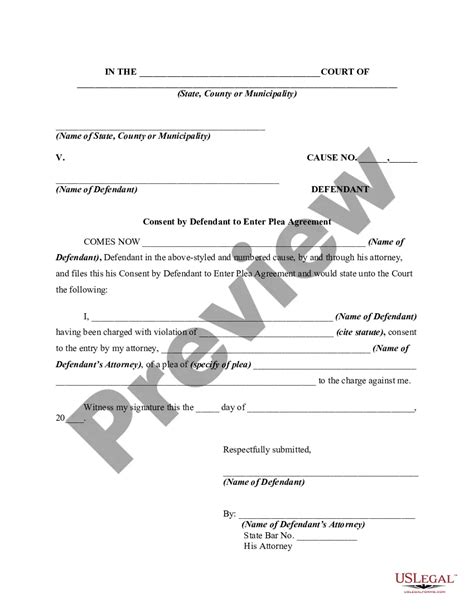 Consent By Defendant To Enter Plea Agreement Plea Agreement Us Legal Forms