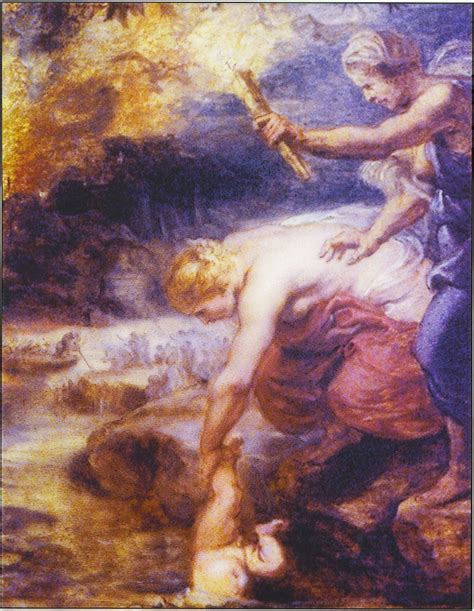 Goddess Thetis Dipping Her Son Achilles Into The River Styx Which Runs