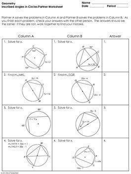 Inscribed Angles in Circles Partner Worksheet by Mrs E Teaches Math