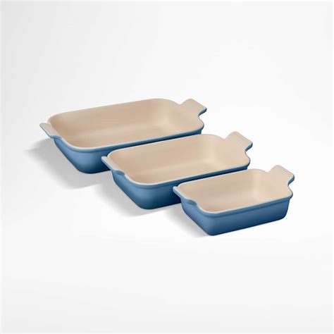 Le Creuset Heritage Chambray Rectangular Dishes Set Of 3 Reviews Crate And Barrel