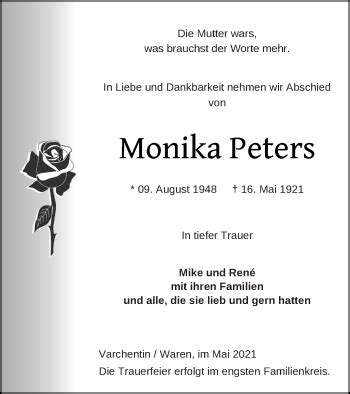 Traueranzeigen Von Monika Peters Trauer Nordkurier