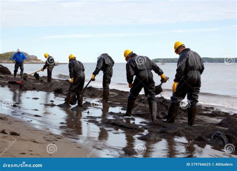 Oil Spill Cleanup Crew On Beach Removing Tar Balls And Other Debris