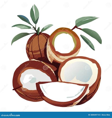 Illustration Of A Whole And Half Coconut With Leaves On A White