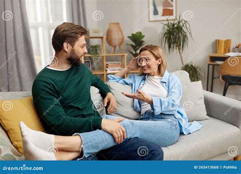 Romantic Couple Talking Sofa Happy Couple Relaxing On Couch At Home