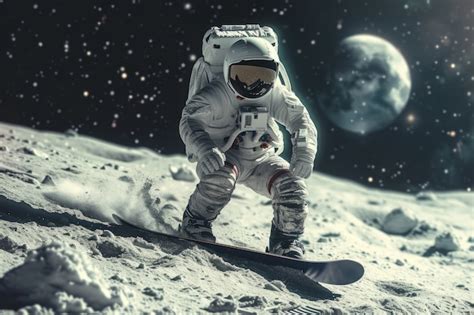 Vista De Un Astronauta En Traje Espacial Haciendo Snowboard En La Luna