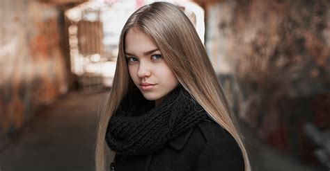 Blonde Depth Of Field Coats Women Blue Eyes Black Coat Straight