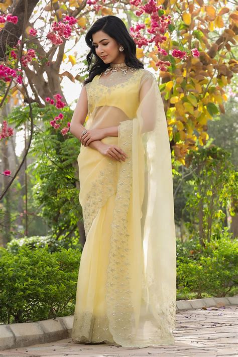 Buy Yellow Pure Silk Organza Embroidered Floral Motif Scalloped Saree