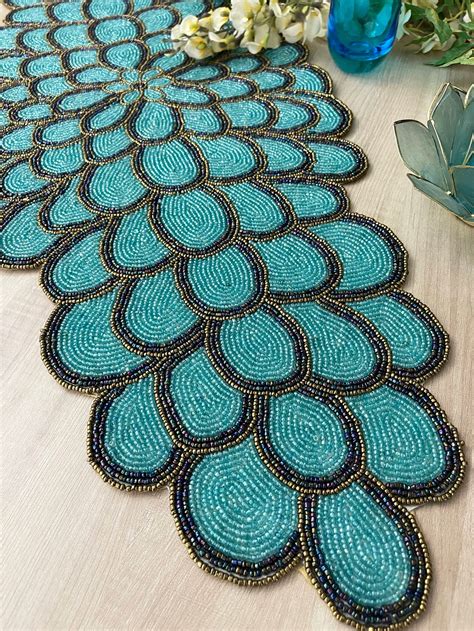 Handmade Bead Table Runner Teal Peacock Floral Beaded Runner Etsy