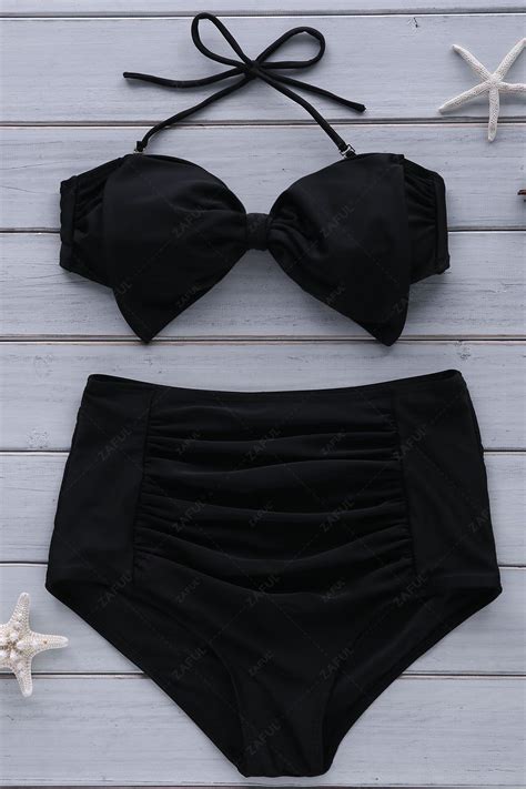 Off Bowknot Embellished High Waist Bikini Set In Black Zaful