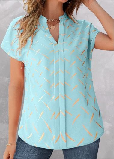 Rotita Split Striped Light Blue Short Sleeve Blouse Usd