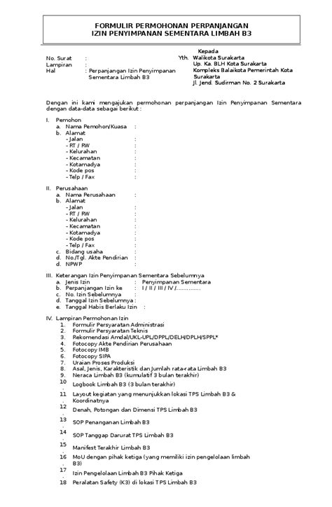 Doc Formulir Permohonan Perpanjangan Izin Penyimpanan Sementara Limbah B3