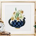 Checkered Teapot With Daffodils Royal Present Embroidery