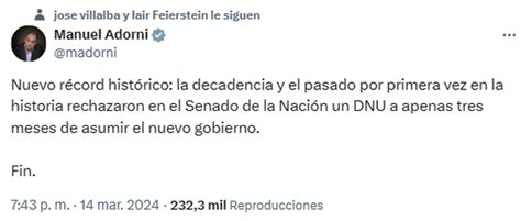 Manuel Adorni tras el rechazo al DNU en el Senado Récord histórico