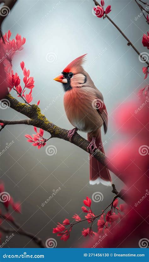 Virginian Cardinal Sits On The Branch Among Flowers In Forest Stock Illustration Illustration