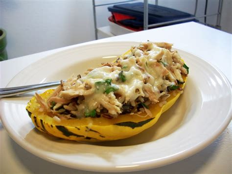 Robyn Cooks Thanksgiving Leftovers Baked Delicata Squash Stuffed With Turkey And Wild Rice