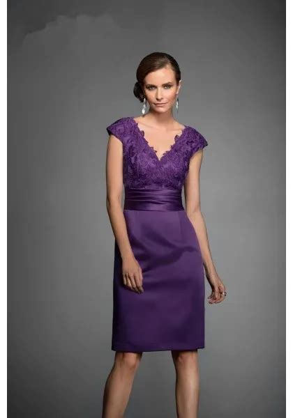 Modest Knee Length Mother Bride Formal Dresses Purple V Neck With