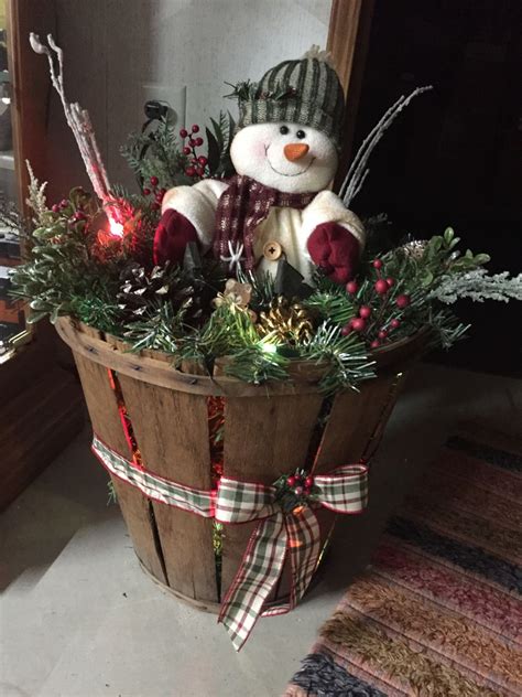 Snowman Decor Winter Theme In Old Tomato Basket In Christmas