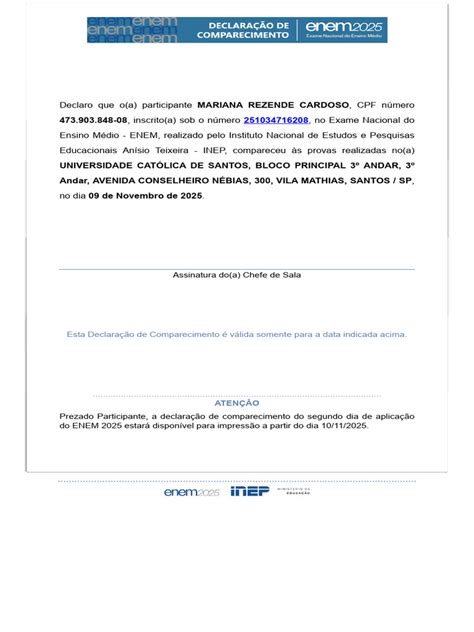 Declaração De Comparecimento Enem É Obrigatório - Declaração de Comparecimento ENEM 2025 | PDF