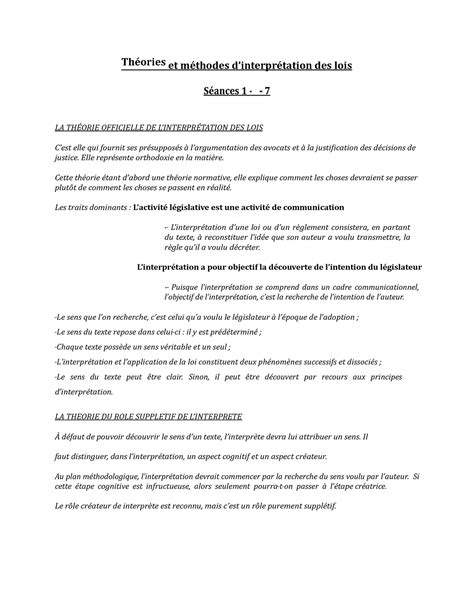 Théories et méthodes interprétation des lois Resume cours 1 à 7