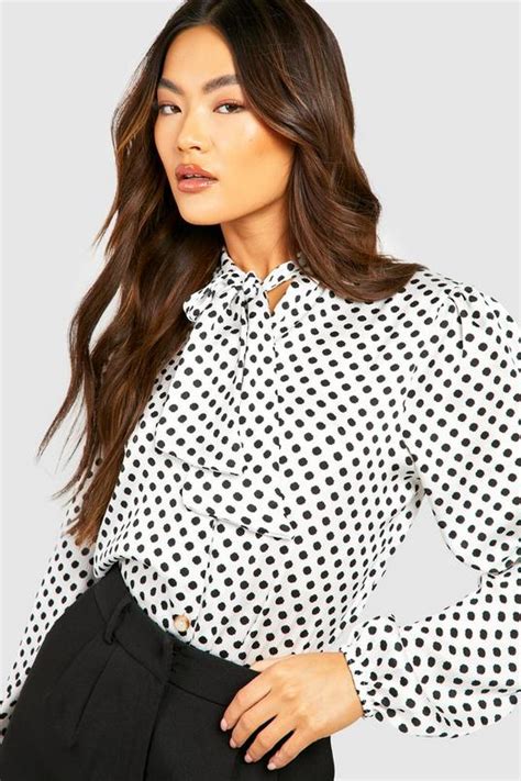 Ivory Textured Polka Dot Pussybow Volume Sleeve Blouse Boohoo Uk