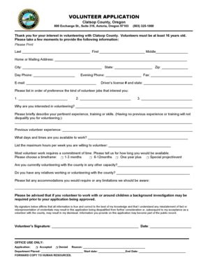 Fillable Online Co Clatsop Or VOLUNTEER APPLICATION Clatsop County