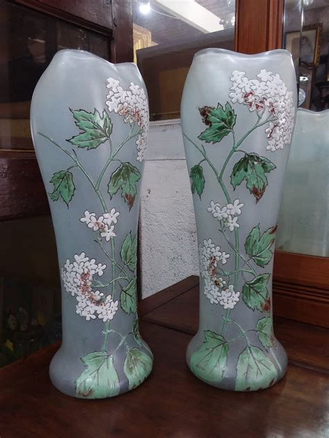 Proantic Paire De Vase Art Nouveau En Verre émaillé