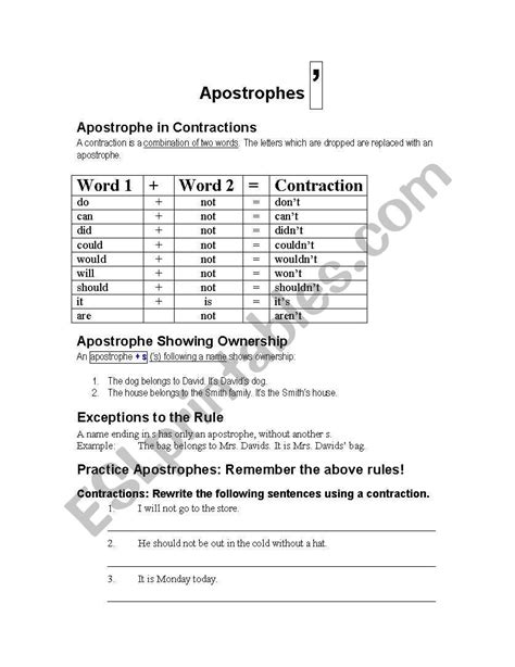 English Worksheets Apostrophes