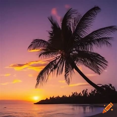 Sunset At A Tropical Beach With Palm Trees On Craiyon