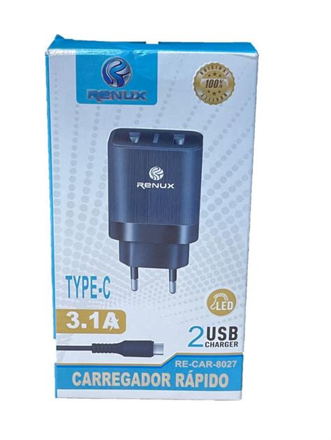 CARREGADOR RAPIDO 3 1A TYPE C TIPO C 2 USB RENUX RE CAR 8027 ATACADAO