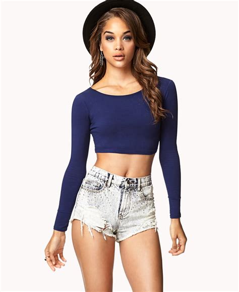 Lyst Forever 21 Long Sleeve Crop Top In Blue