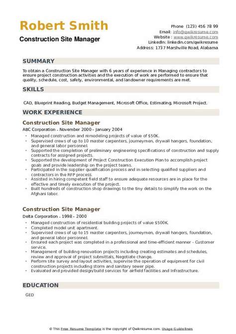 10 Construction Site Manager Resume Samples And Templates For 2025