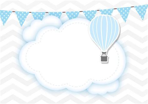 A Blue Hot Air Balloon Flying In The Sky With Clouds And Buntings Around It