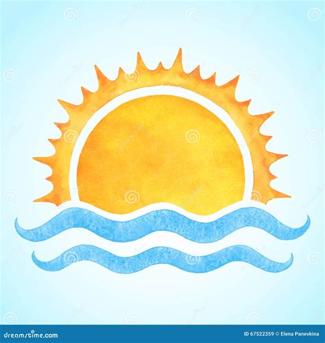 Watercolor Vector Rising Sun With Sea Waves | CartoonDealer.com #67522359