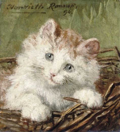 Henriette Ronner Dutch White Kitten In A Basket