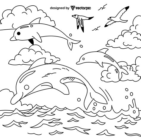 Dolphin Jumping Coloring Pages For Kids And Adults Design Free Vector