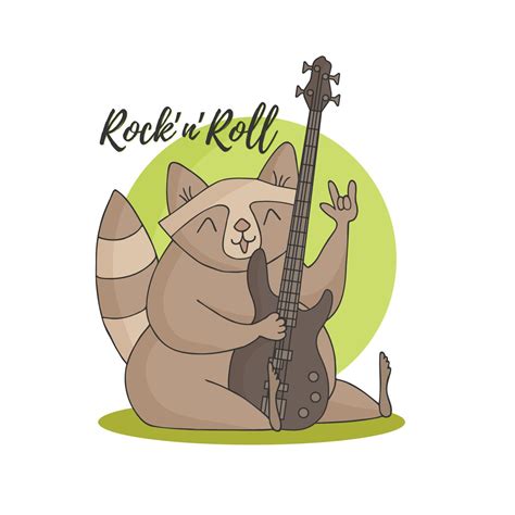 Funny Cute Raccoon With A Bass Guitar Lettering Rock And Roll On The