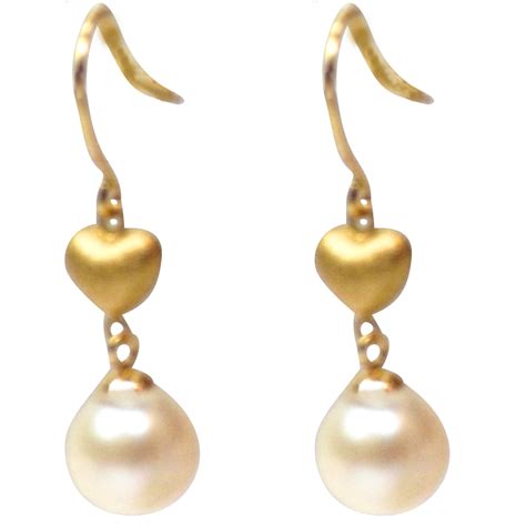 18k Yellow Gold Heart Shaped Aaa Quality Round Pearl Earrings