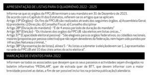 APRESENTAÇÃO DE LISTAS PARA O QUADRIÉNIO 2022 2025 FPCUB